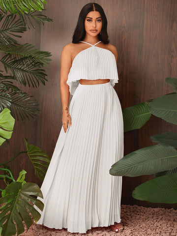 SXY Solid Pleated Halter Top & Skirt
