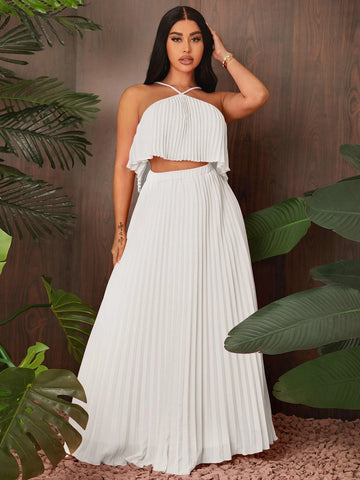 SXY Solid Pleated Halter Top & Skirt