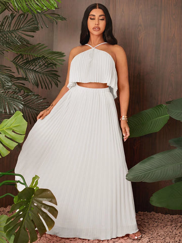 SXY Solid Pleated Halter Top & Skirt