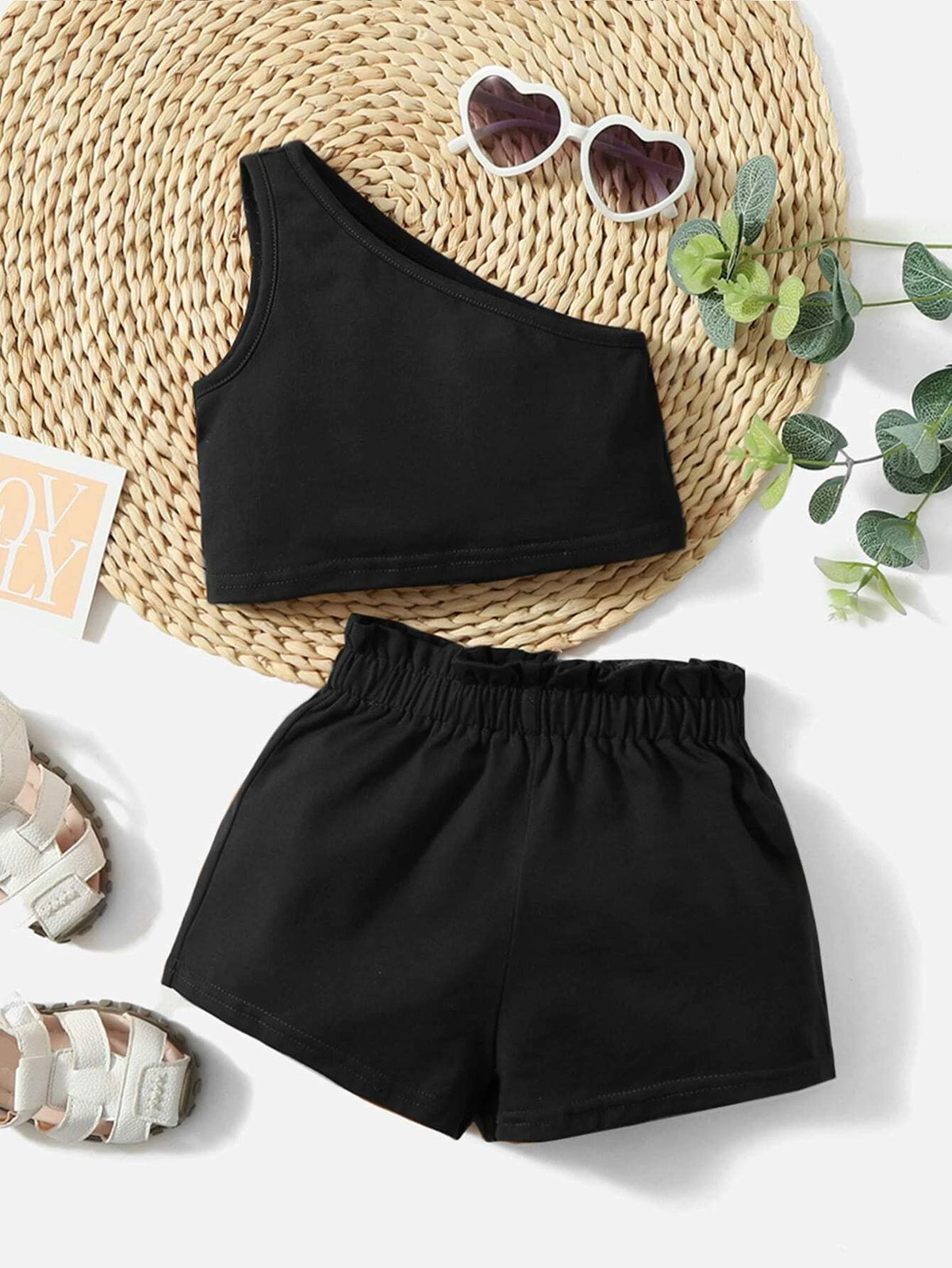 Baby One Shoulder Top & Paper Bag Waist Shorts