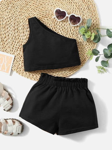 Baby One Shoulder Top & Paper Bag Waist Shorts