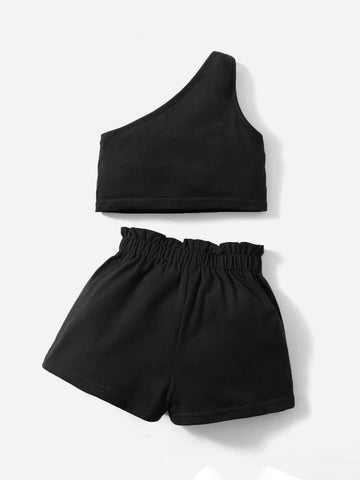 Baby One Shoulder Top & Paper Bag Waist Shorts