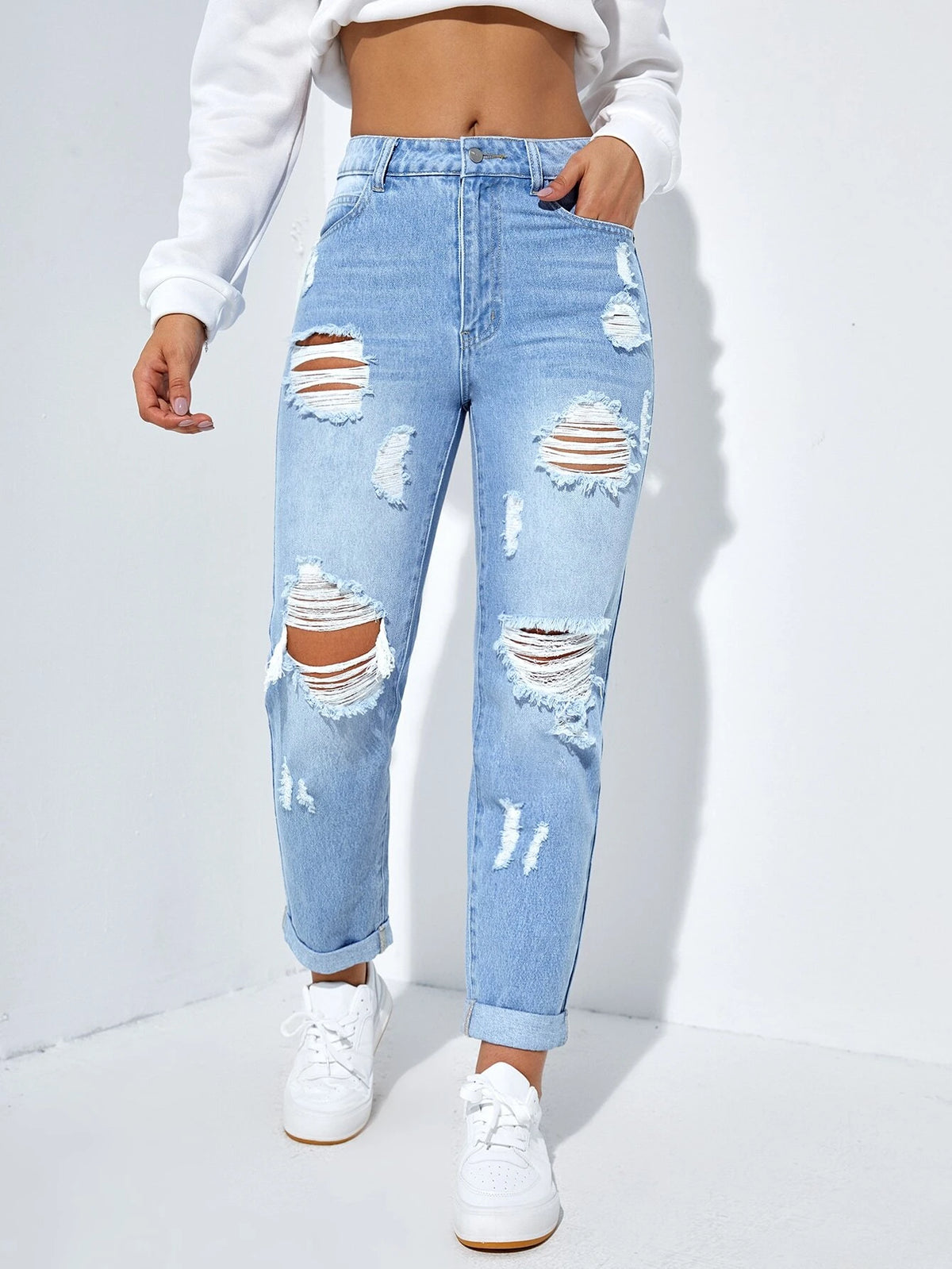 Ripped Roll Up Hem Straight Leg Jeans