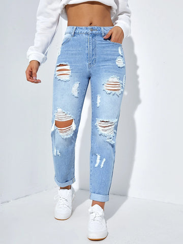 Ripped Roll Up Hem Straight Leg Jeans