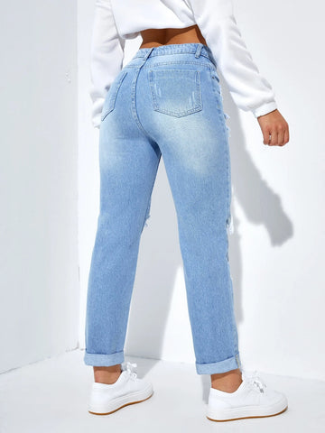 Ripped Roll Up Hem Straight Leg Jeans