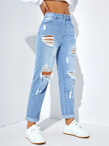 Ripped Roll Up Hem Straight Leg Jeans