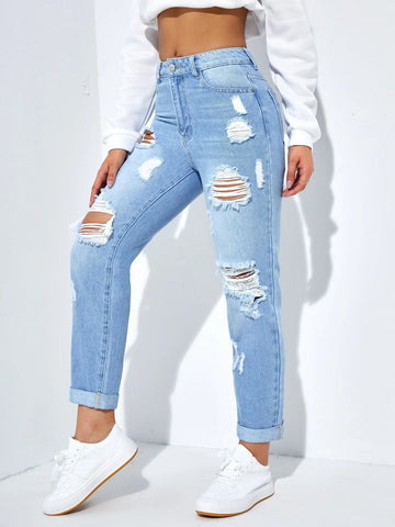 Ripped Roll Up Hem Straight Leg Jeans