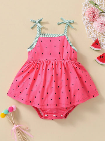 Baby Water-drop Print Tie Shoulder Combo Bodysuit Dress