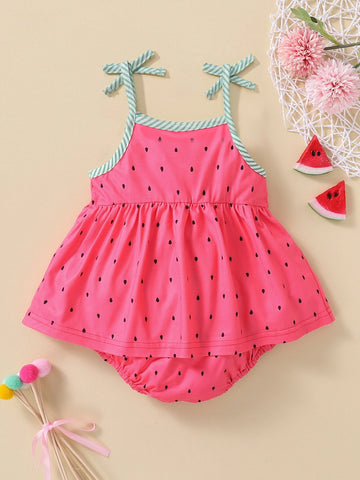 Baby Water-drop Print Tie Shoulder Combo Bodysuit Dress