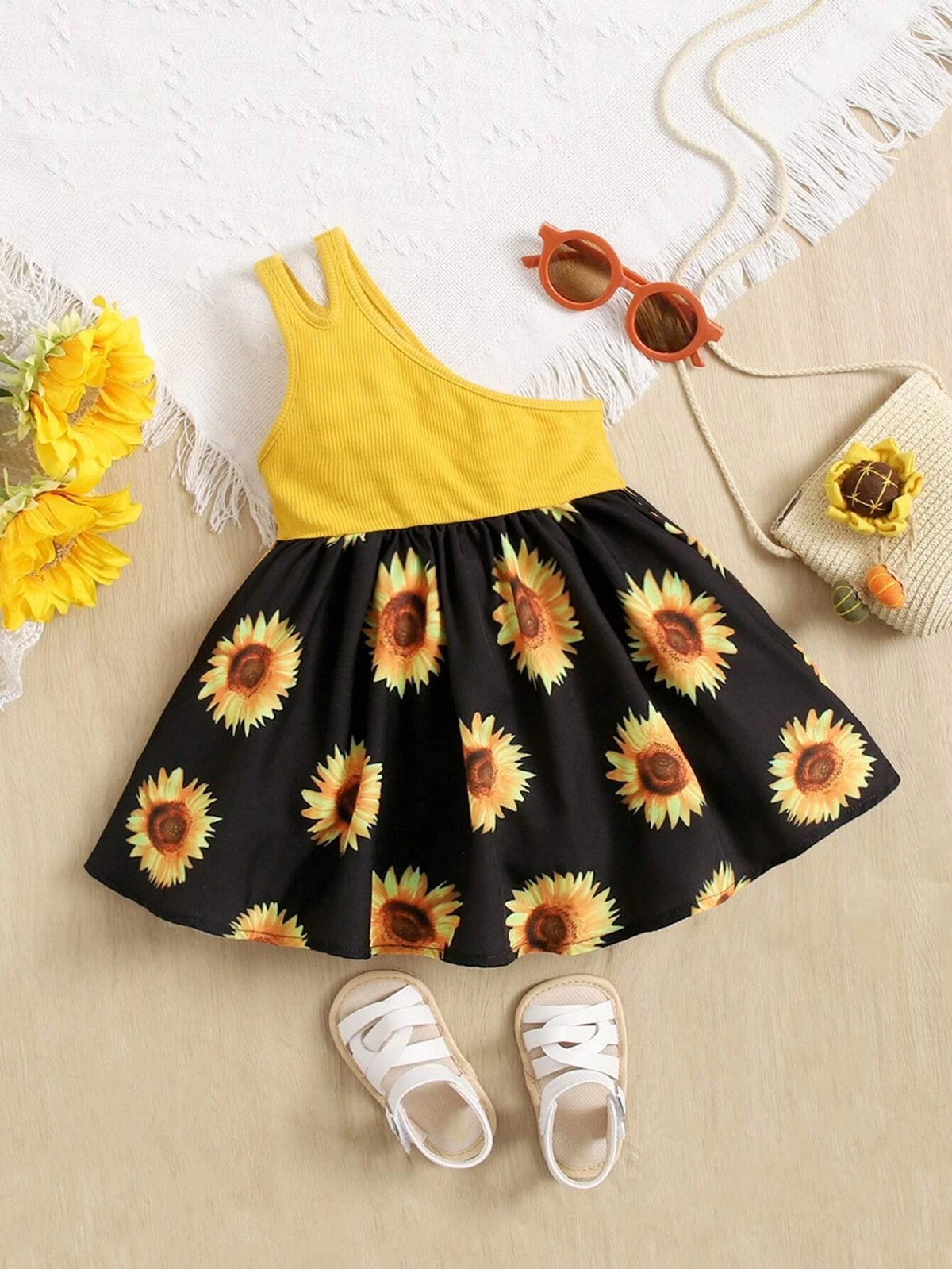 Baby One Shoulder Sunflower Print Dress
