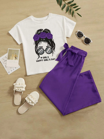Girls Figure & Letter Graphic Tee and Self Belted Pants