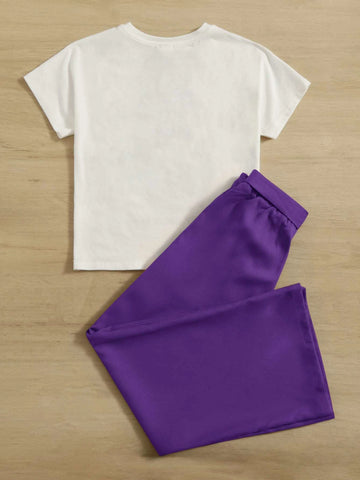 Girls Figure & Letter Graphic Tee and Self Belted Pants