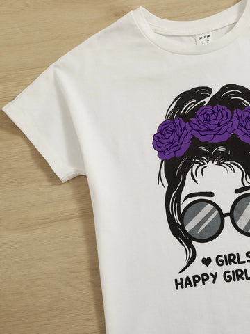 Girls Figure & Letter Graphic Tee and Self Belted Pants