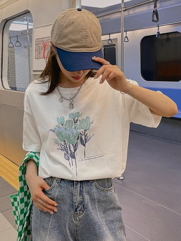 DAZY Slogan & Floral Print Drop Shoulder Tee