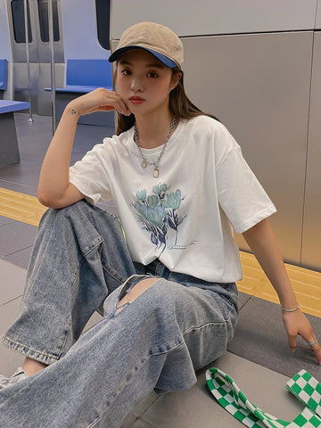 DAZY Slogan & Floral Print Drop Shoulder Tee