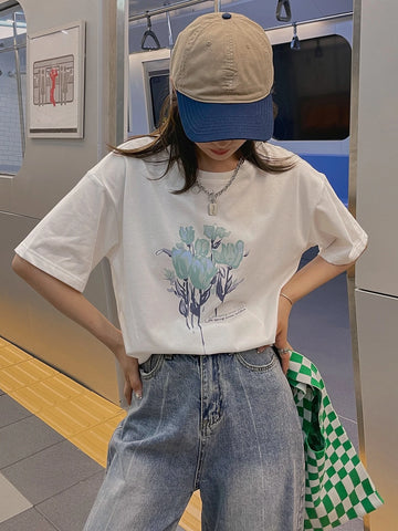 DAZY Slogan & Floral Print Drop Shoulder Tee