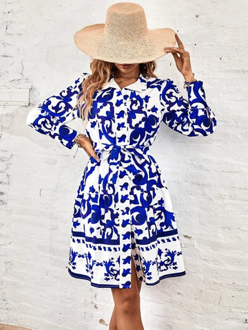 Floral Print Lantern Sleeve Ruffle Hem Dress