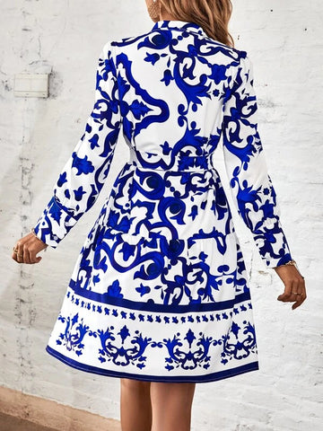 Floral Print Lantern Sleeve Ruffle Hem Dress