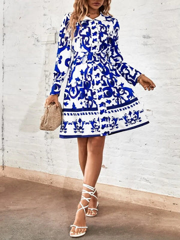 Floral Print Lantern Sleeve Ruffle Hem Dress