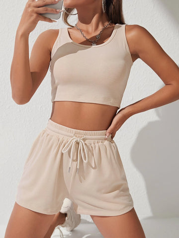 PETITE Solid Crop Tank Top & Track Shorts Set
