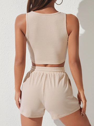 PETITE Solid Crop Tank Top & Track Shorts Set