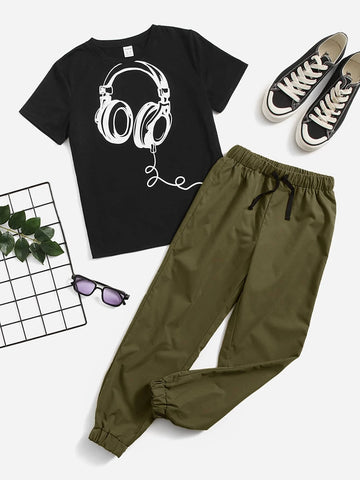 Boys Headphone Print Tee & Drawstring Waist Pants