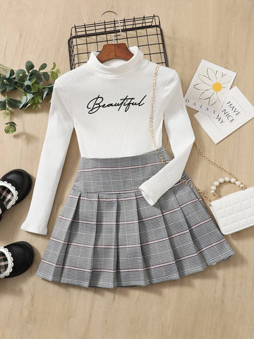 Girls Letter Graphic Mock Neck Tee & Plaid Pleated Skirt