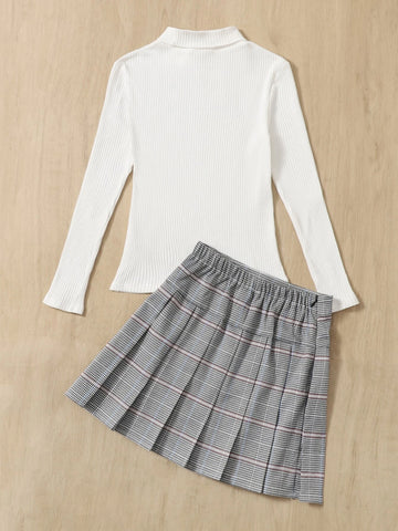 Girls Letter Graphic Mock Neck Tee & Plaid Pleated Skirt