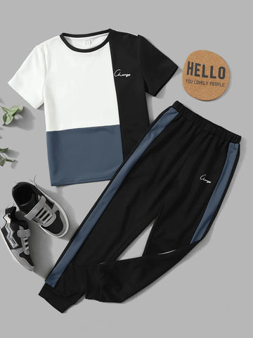 Boys Letter Graphic Tee & Contrast Side Seam Sweatpants