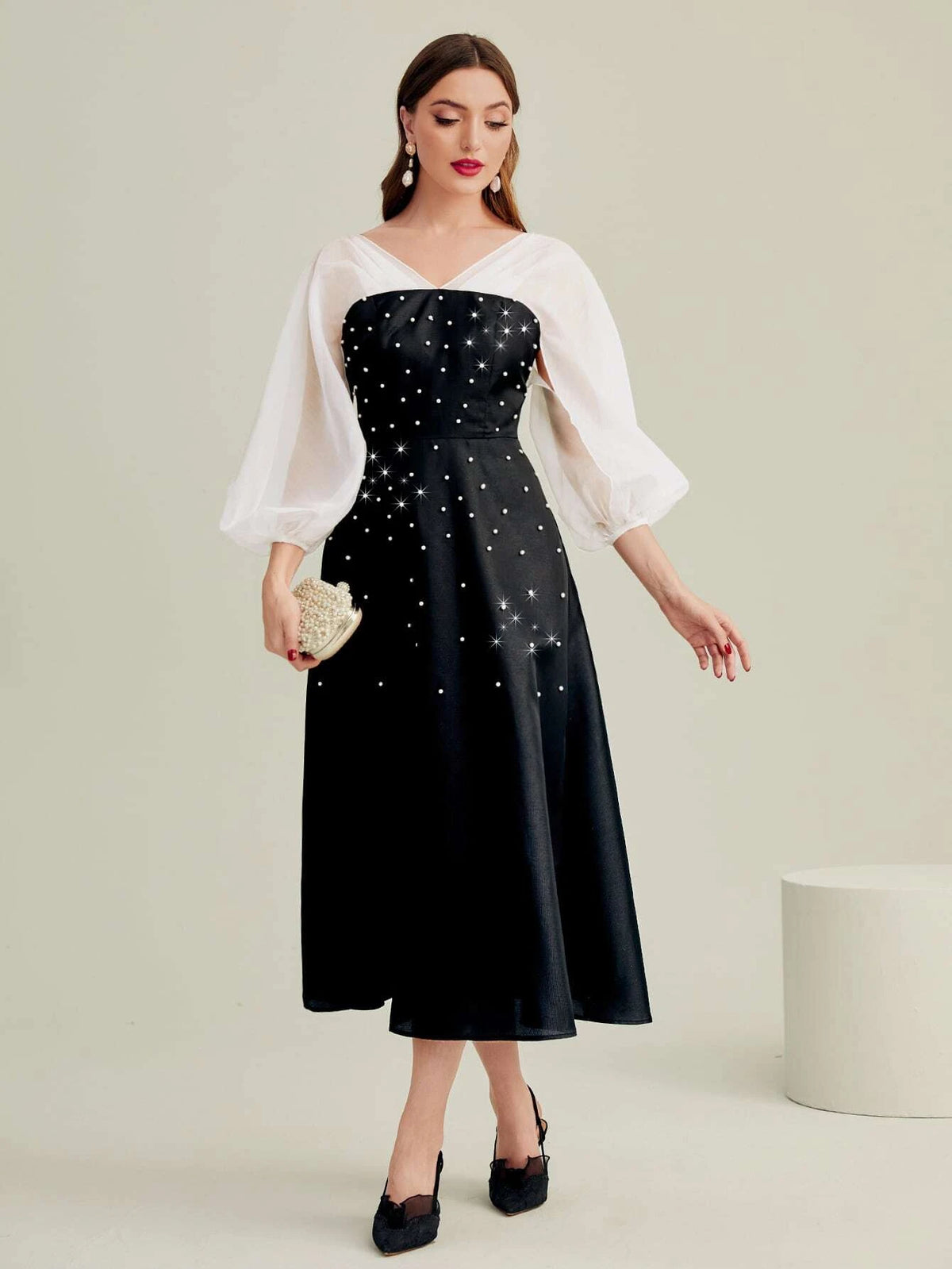 Lantern Sleeve Rhinestone Beaded Mesh Panel Dress