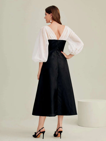 Lantern Sleeve Rhinestone Beaded Mesh Panel Dress