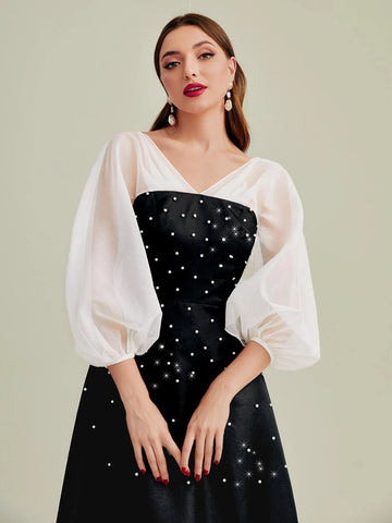 Lantern Sleeve Rhinestone Beaded Mesh Panel Dress