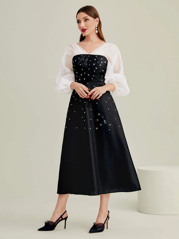 Lantern Sleeve Rhinestone Beaded Mesh Panel Dress