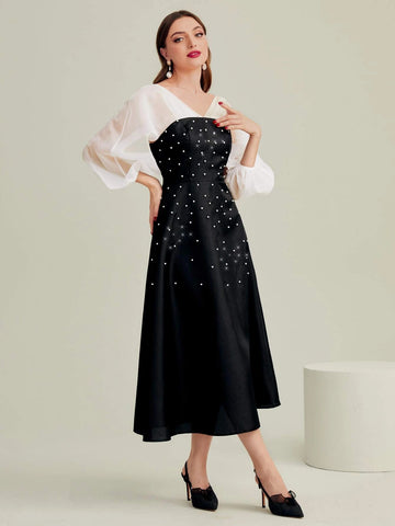 Lantern Sleeve Rhinestone Beaded Mesh Panel Dress