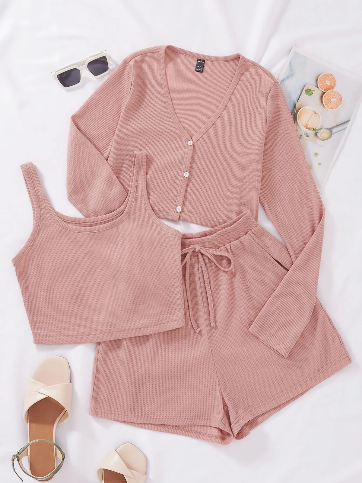 Solid Button Front Tee & Tank Top & Shorts