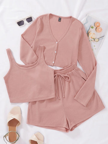 Solid Button Front Tee & Tank Top & Shorts