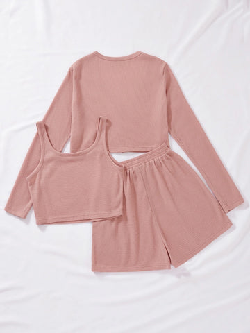 Solid Button Front Tee & Tank Top & Shorts