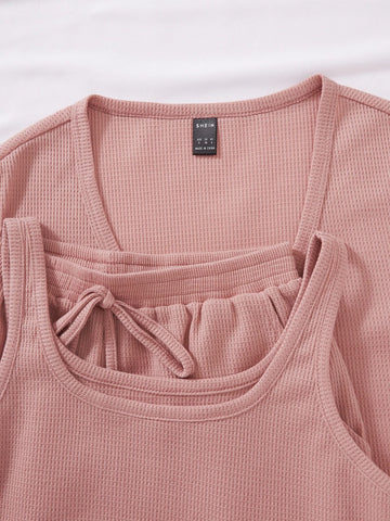 Solid Button Front Tee & Tank Top & Shorts