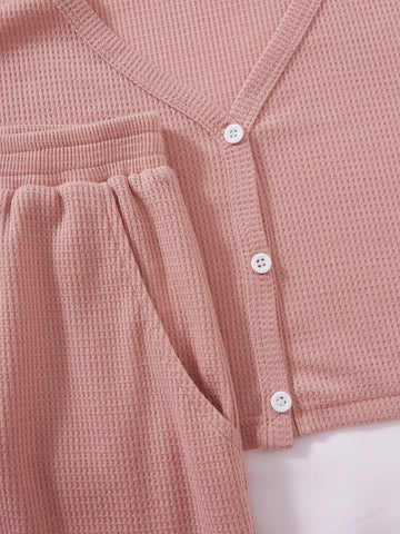 Solid Button Front Tee & Tank Top & Shorts