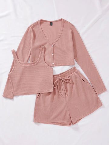 Solid Button Front Tee & Tank Top & Shorts