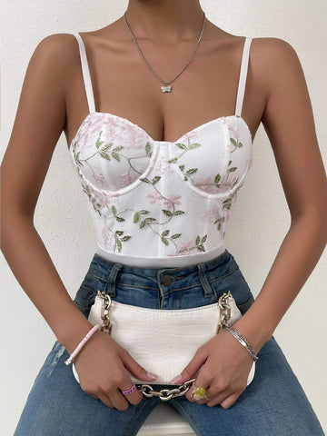 Floral Embroidery Bustier Cami Bodysuit