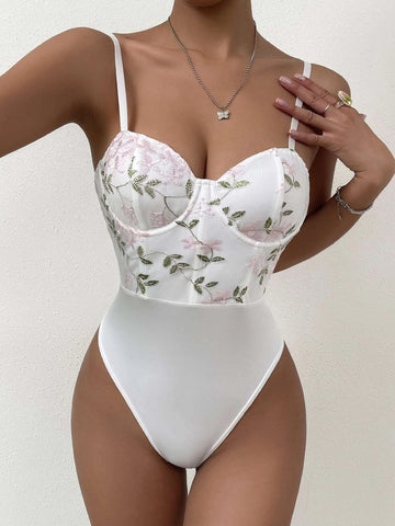Floral Embroidery Bustier Cami Bodysuit