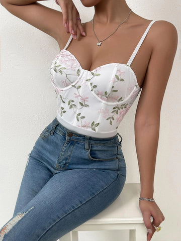 Floral Embroidery Bustier Cami Bodysuit
