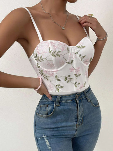 Floral Embroidery Bustier Cami Bodysuit
