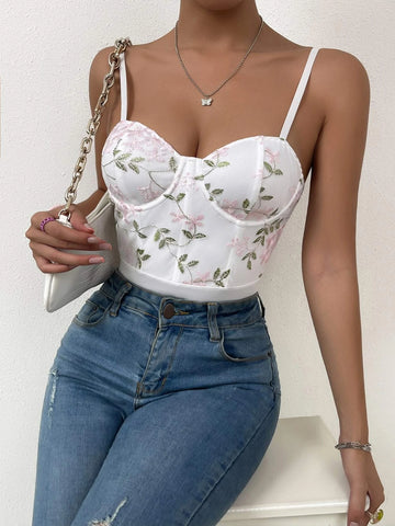 Floral Embroidery Bustier Cami Bodysuit