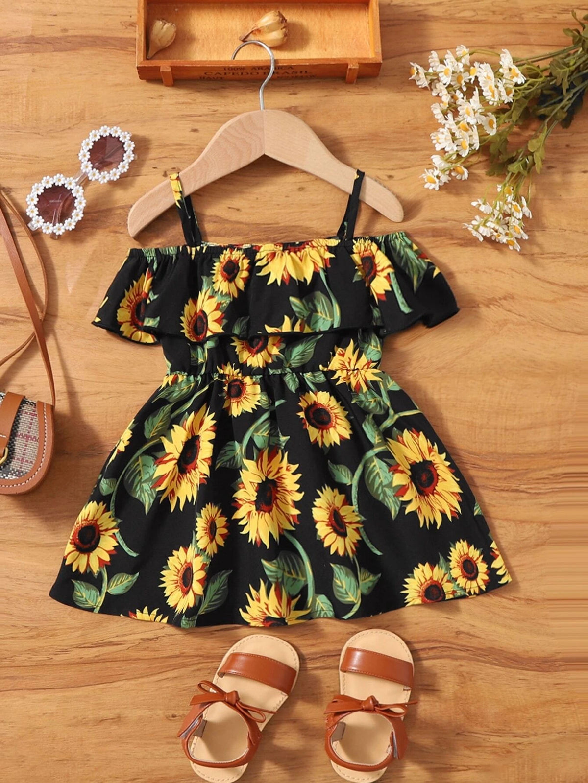 Baby Sunflower Print Cold Shoulder Ruffle Trim Dress