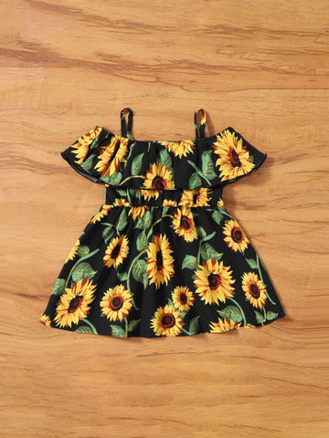 Baby Sunflower Print Cold Shoulder Ruffle Trim Dress