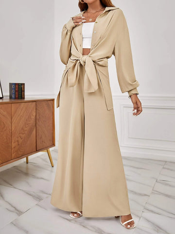 evolu Drop Shoulder Solid Shirt & Wide Leg Pants