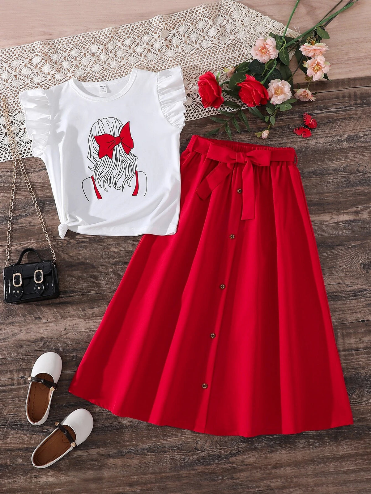 Girls Figure Print Tee & Belted Button Front Skirt