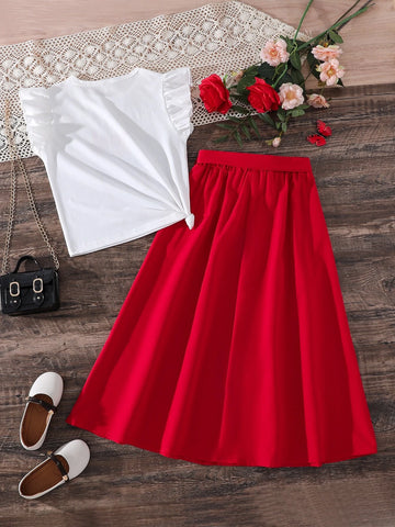 Girls Figure Print Tee & Belted Button Front Skirt